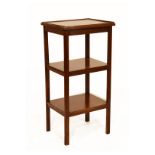 20th Century mahogany three tier étagère or what-not with moulded rectangular top on square