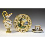 Cantagalli faience ewer decorated with mannerist birds and figures, 26.5cm high, a Cantagalli