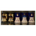 Five Bells 75cl ceramics whisky decanters commemorating Royal Birthdays and Christmas 1988 and 1989,