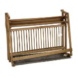 Interesting early 20th Century wooden table top draining rack with turned bars and metal drip tray