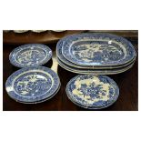 Quantity of mainly 19th Century blue and white Willow pattern transfer printed meat plates, dinner