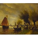 Leo Oosthout - Oil on panel - A Dutch riverside landscape, signed, 13.5cm x 17.5cm, in a