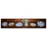 Six pieces of Wedgwood blue and green jasperware Condition: