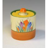 Clarice Cliff Bizarre Crocus pattern cylindrical preserve pot and cover Condition: