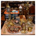 Assorted metal work to include: Arts & Crafts hammered copper oval tray, brass bellows, pair of open