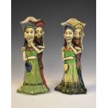 Two Thomas Forester & Sons pottery character jugs depicting a couple stood before a tree, each