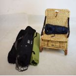 Assorted camping accessories to include: two folding chairs, table and a wicker picnic set