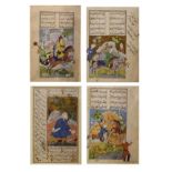 Four illuminated manuscripts depicting warriors on horseback and a scholar, all within elaborate