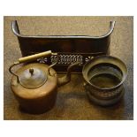 Small brass fender, copper kettle and two handled pot (3) Condition: