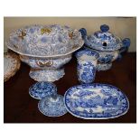 Small group of blue transfer printed pottery to include: Royal Doulton two handled pedestal bowl