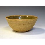 Studio pottery - Leach stoneware bowl having green glazed interior, impressed mark and stamped