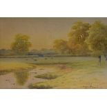 George Oyston - Watercolour - Landscape with pond and sheep, signed and dated 1928, 24.5cm x 36.5cm,