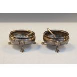 Pair of late Victorian silver salts, each of cauldron form on three paw feet, London 1888, 4.3ozt