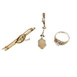 9ct gold dress ring set central opal with white stone shoulders, an opal and seed pearl set bar