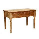 Late 19th/early 20th Century stripped pine two drawer kitchen table, the planked top over two