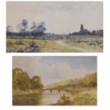 Parker Hagarty (early 20th Century) - Blythburgh Church from the Marshes, Suffolk, watercolour, 17cm