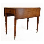 Early 19th Century mahogany Pembroke table having moulded oblong flaps over short drawer on turned
