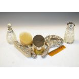 Group of silver backed dressing table items to include: modern silver backed three piece brush set