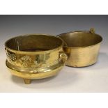Oriental style brass censer design jardinière and a brass preserve pan with iron loop handle (