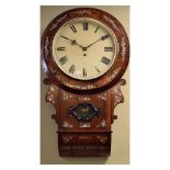 19th Century rosewood and mother-of-pearl inlaid drop dial wall clock, the white dial with Roman