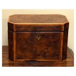 Georgian yew veneer rectangular tea caddy having canted corners and hinged cover, 18cm wide