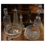 Assorted glass ware to include: mallet decanter, whisky decanter, claret jug, smoked glass decanter,