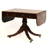 19th Century rosewood drop leaf sofa table fitted two drawers on a mahogany turned column and four