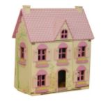 Dolls house with hinged roof, the façade with heart pierced door and shutters, hinged and opening to