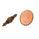 9ct gold oval cameo brooch set female portrait, together with a bar brooch set seed pearl and garnet