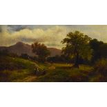 A. Coleman - Oil on board - Welsh mountain scene with figures on a path, 24cm x 44cm, within a