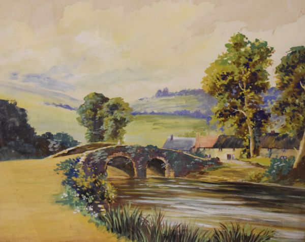 Mid 20th Century watercolour of a stone river bridge, unsigned, 52.5cm x 64.5cm Condition: