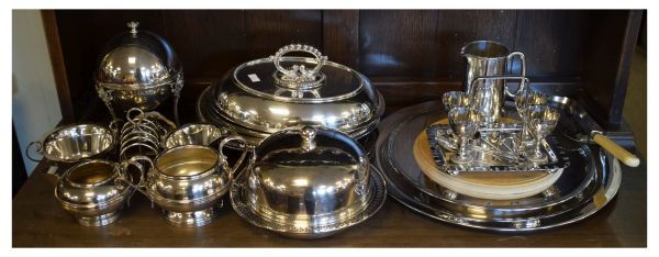 Selection of plated wares to include: four egg coddler, pair of oval entrée dishes and covers,
