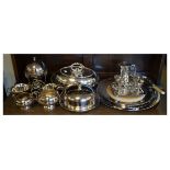 Selection of plated wares to include: four egg coddler, pair of oval entrée dishes and covers,