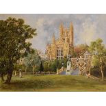 W.E. Phillips - Late 20th Century oil on canvas - Bath Abbey from the Parade Gardens, 54.5cm x 74.