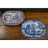 19th Century English blue and white transfer printed meat plate depicting figures amongst