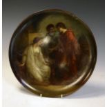 19th Century terracotta charger having hand painted decoration of a classical scene with lady and