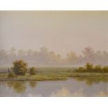 English School - Oil on canvas board - Misty river landscape at sunrise, 49.5cm x 59.5cm, in swept