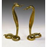 Pair of 20th Century brass rearing cobras having turquoise eyes, 34cm high Condition: