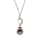 Contemporary white gold diamond and black pearl pendant on fine 9ct white gold curb link neck