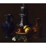 20th Century oil on panel - Still-life of stoneware vessels and fruit, within an ornate gilt