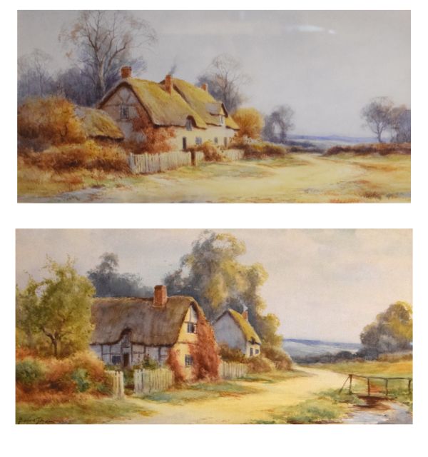 Bunford Joyce - Pair of watercolours - Thatched cottages on a country road, 29cm x 59cm, mounted,