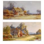 Bunford Joyce - Pair of watercolours - Thatched cottages on a country road, 29cm x 59cm, mounted,