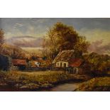Late 19th/early 20th Century oil on canvas - Autumn scene with cottage and mountains in the