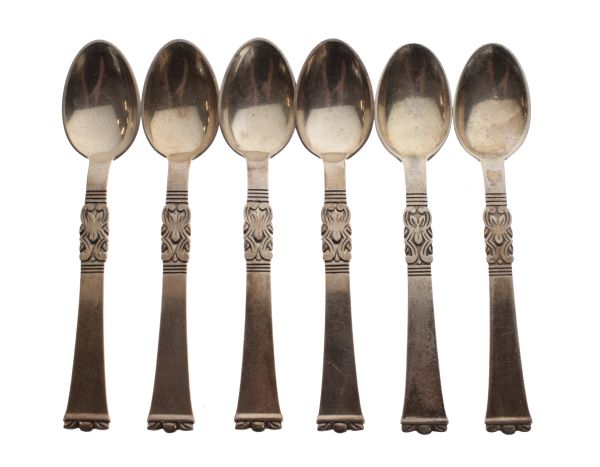 Modern Design - Set of six mid 20th Century Danish white metal tea/coffee spoons, maker Poul C.