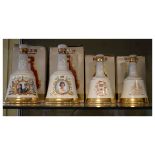 Four Bells Royal Commemorative ceramic whisky decanters with contents and boxes, 2 x 750ml and 2 x