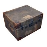 Early 20th Century canvas trunk containing a pair of riding breeches, pair of brown leather riding