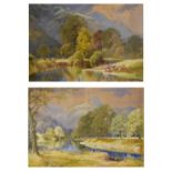 Frier (probably Robert Frier) - Two watercolours - River landscapes with mountains