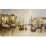 John Bamfield (Modern) - Oil on canvas - Canal scene with moored boats, signed lower left, 49cm x