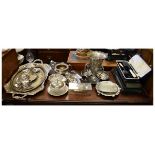 Assorted silver plated items to include: two handled tray, pair of two handled sauce boats on