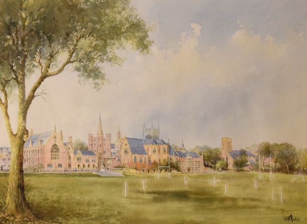 W.E. Phillips - Watercolour - Clifton College, Bristol from the playing fields, signed and dated '